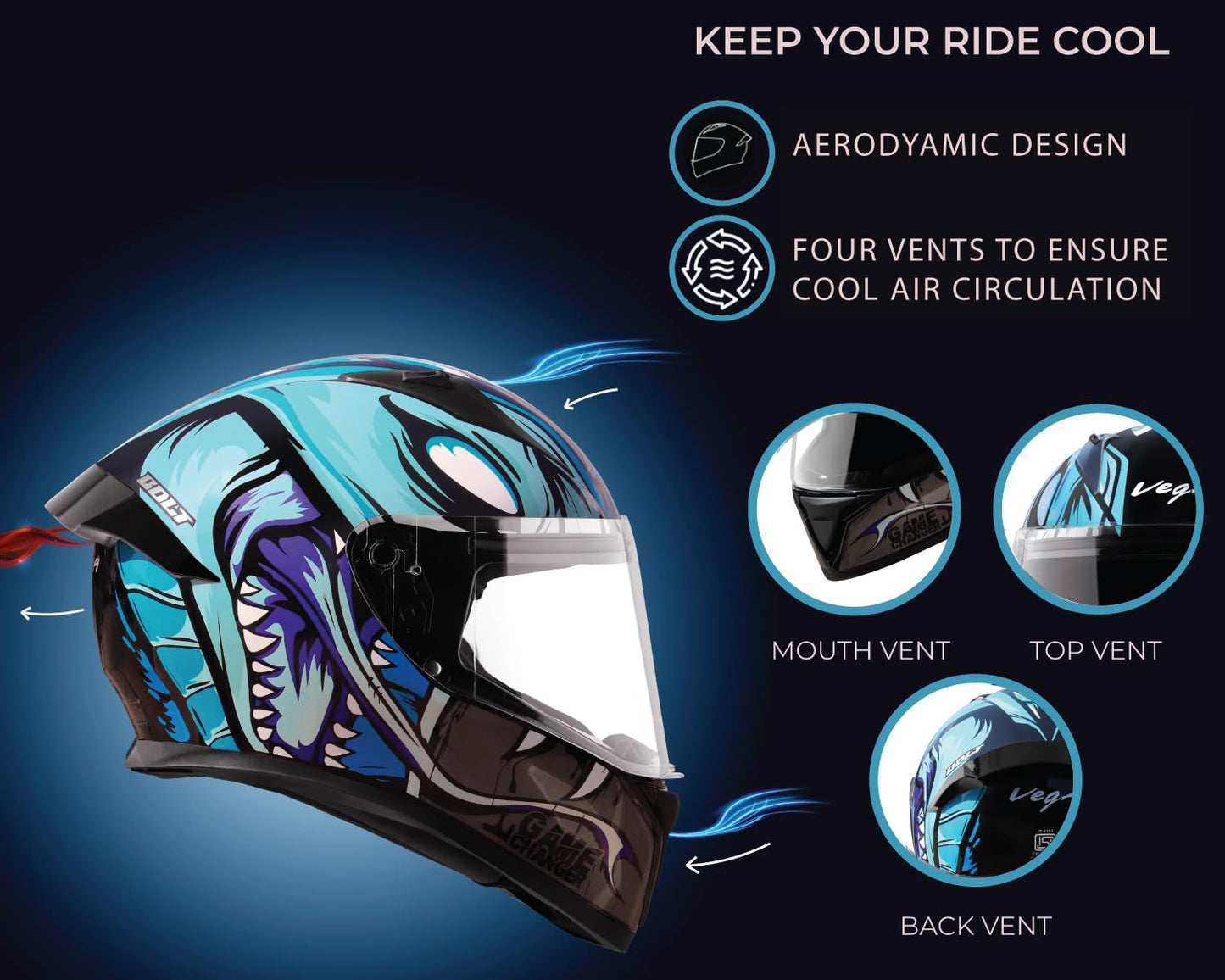 VEGA Bolt Game Changer Full Face Helmet Black Blue