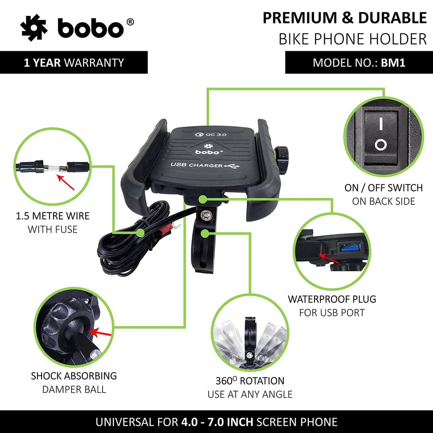 BOBO BM1 Jaw-Grip Bike Mobile Holder with Fast USB 3.0