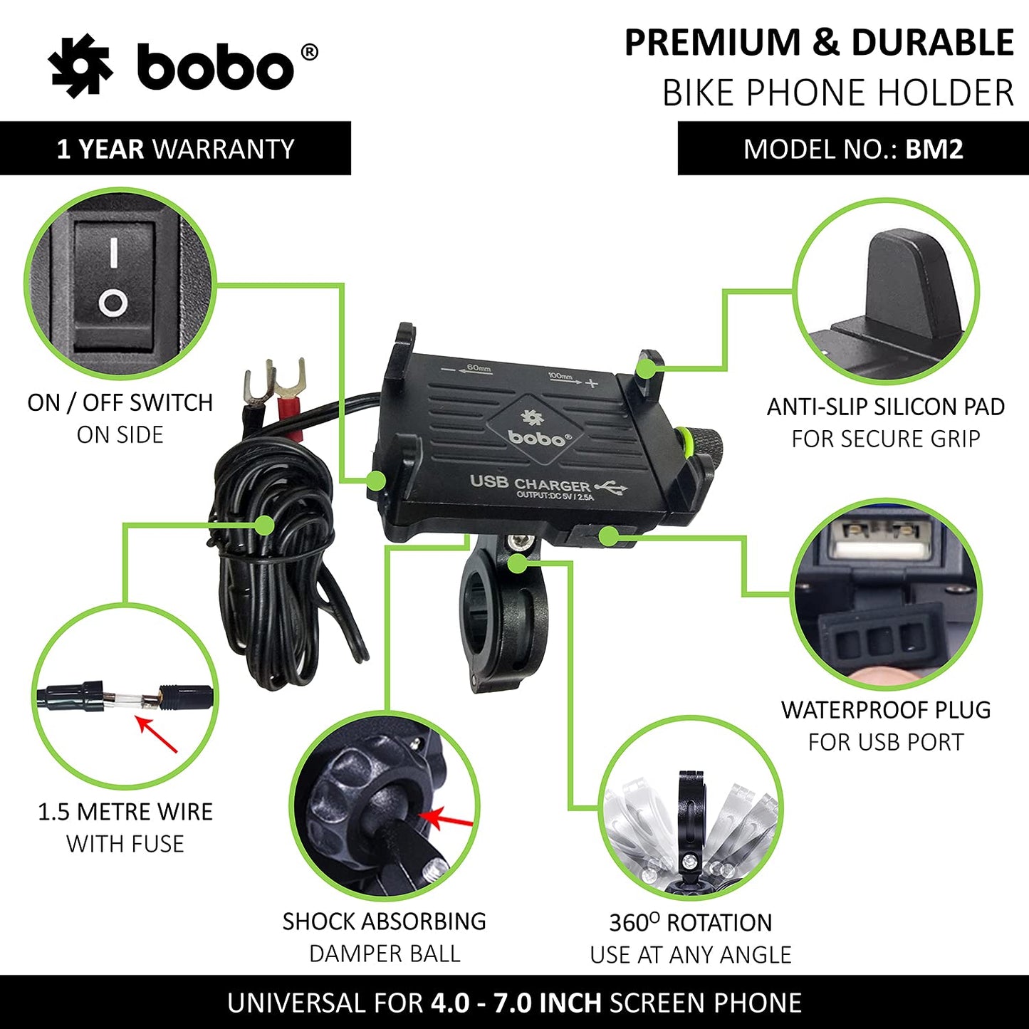 BOBO BM2 Aluminium Waterproof Bike/Motorcycle/Scooter With Charger